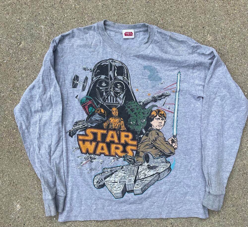 Star Wars Darth Vader Luke Graphic Long Sleeve Tee Gray Youth M Fits Adult XS
